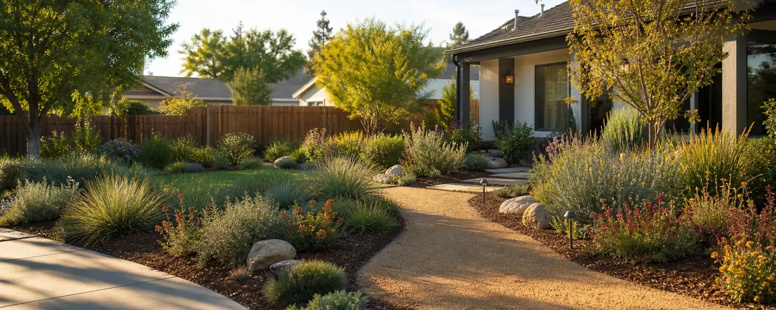 Completed California low-water front yard with mulch, native plants, shrubs, and a decomposed granite path