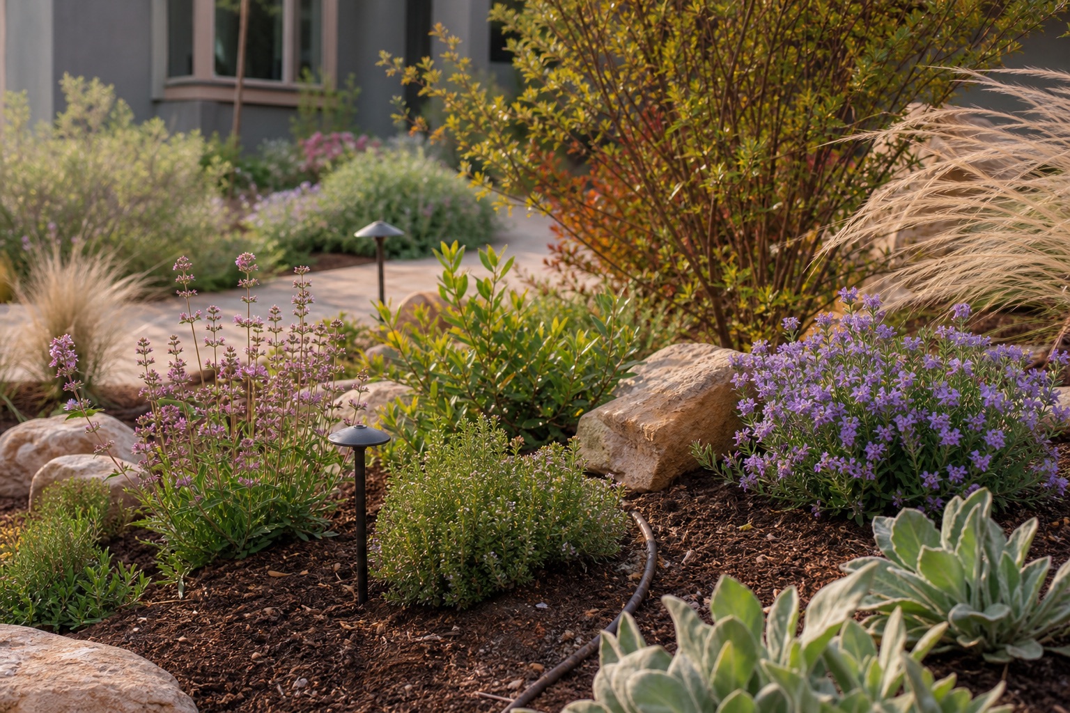 Mulched native planting bed with flowering perennials, grasses, rocks, and drip irrigation