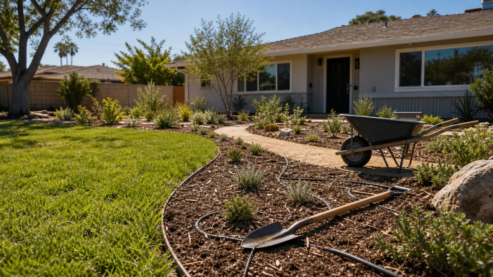 Front yard turf being converted to mulch, native planting, drip irrigation, and a decomposed granite path