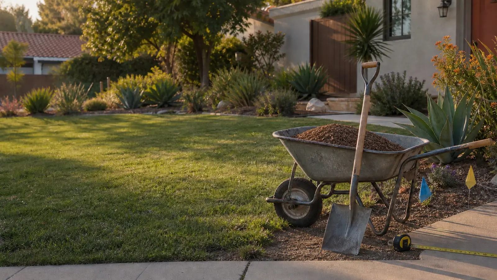California front lawn with a shovel and mulch-filled wheelbarrow before turf replacement